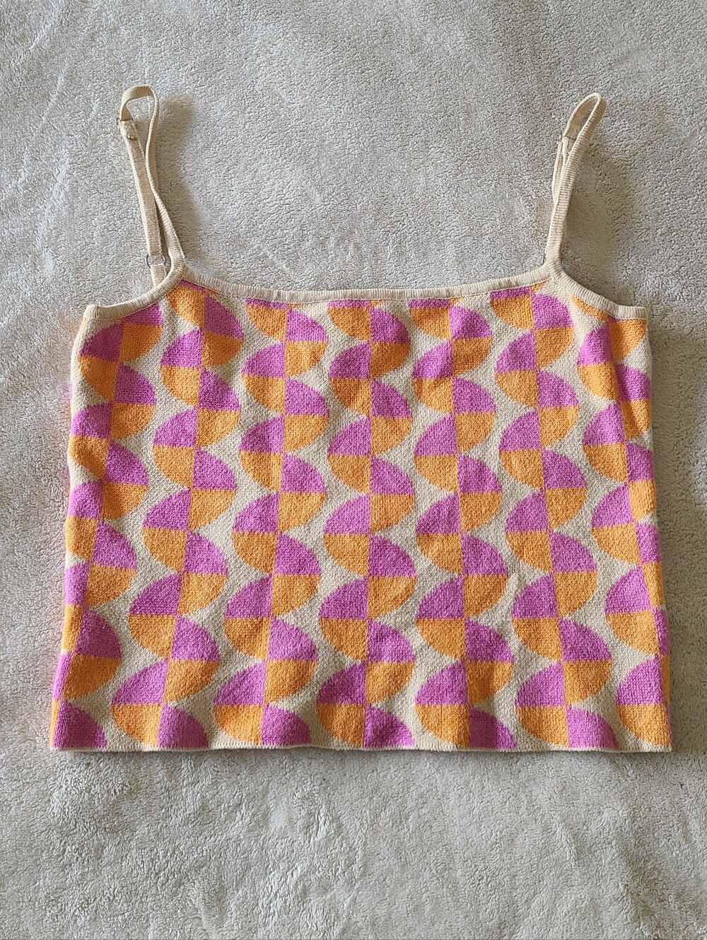 Geometric Knit Spaghetti Strap Cami in Cream, Pink & Orange